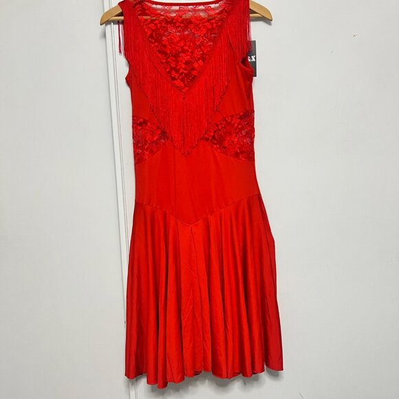 Z&X Red Latin Dance Dress With Fringe Lace Dress Size M - Picture 3 of 15